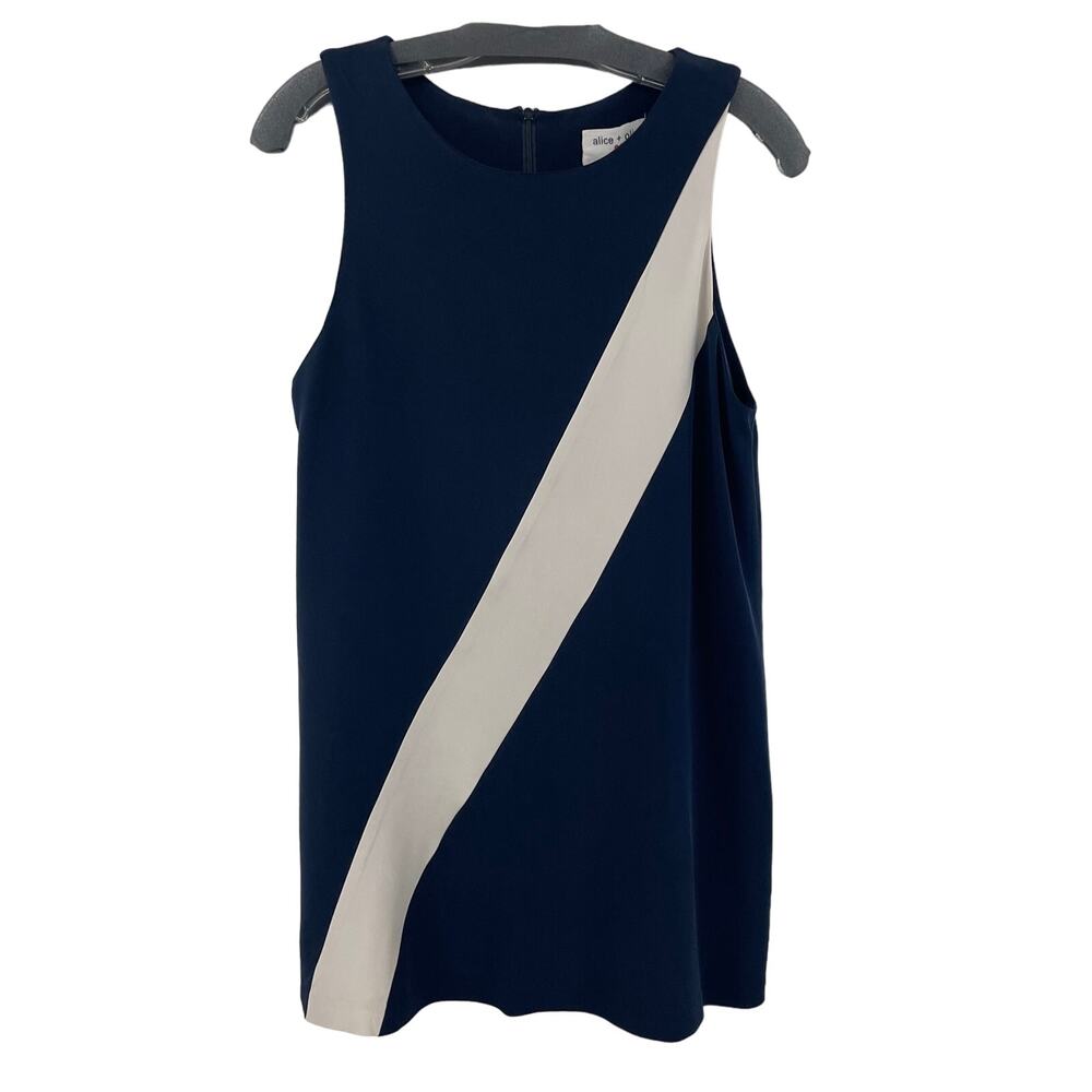 Alice + Olivia Silk Blend Navy Beige Striped Sleeveless Mini Dress Womens Medium